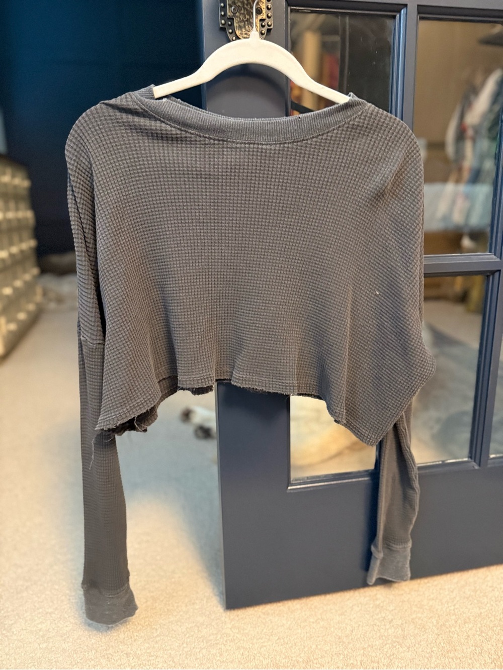 Urban Outfitters “Out From Under” Cropped Waffle-Knit Long Sleeve Top - Charcoal